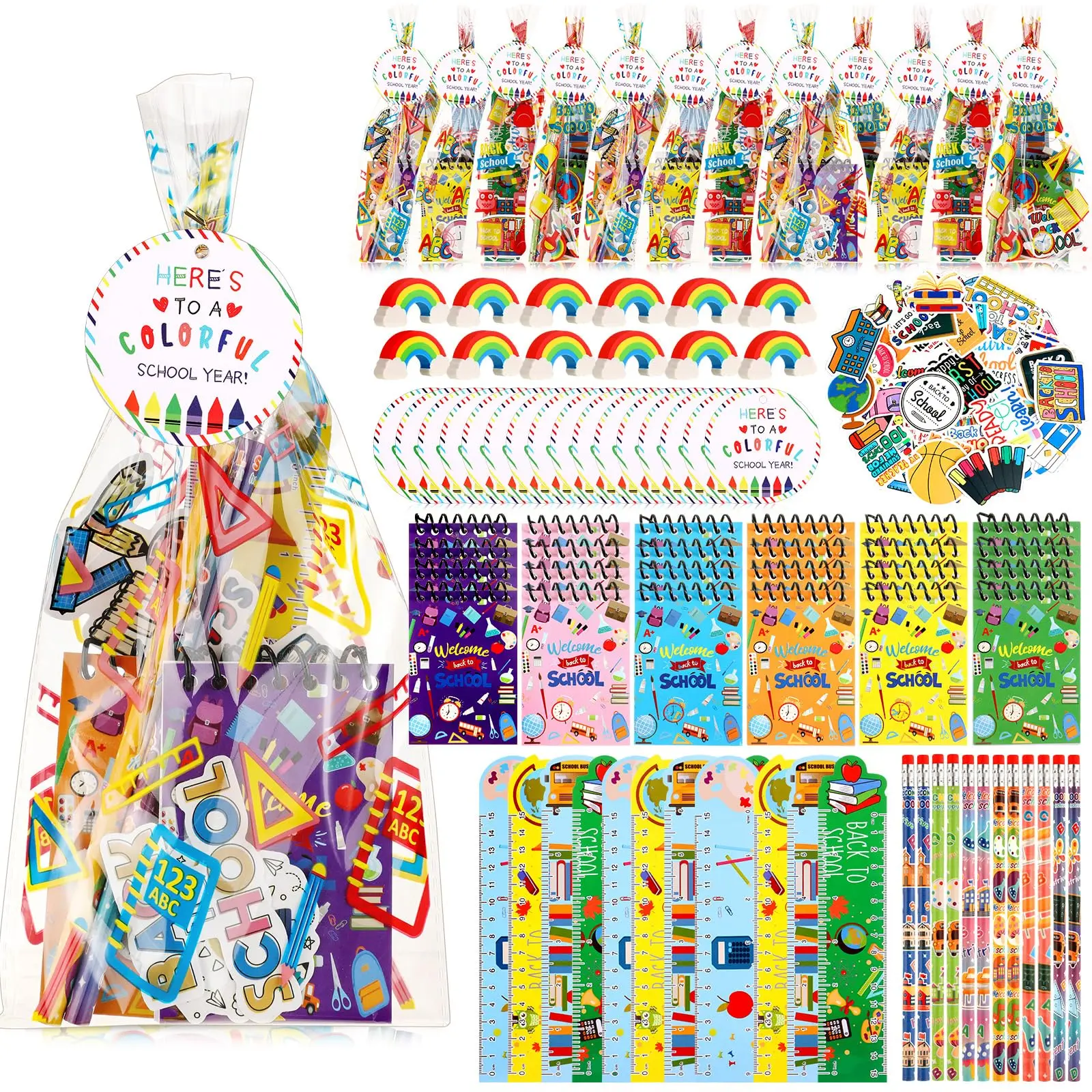24 Set Back to School Stationery Gift Sets for Students Welcome to Schools Essentials with Notebook Pencil Ruler Eraser Sticker Tags Bags for Kindergarten Primary School Boys Girls for First Day of School Goodie Bags Fillers Fall Term Gifts Teacher Prize