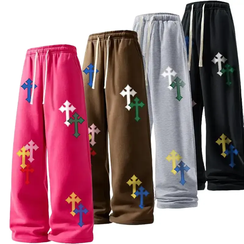 Men's Y2K loose solid color sweatpants, 60.1% Cotton ，heavyweight pure cotton work pants, 3D Printed Graphic Not Embroidered，wide-leg loose fit casual joggers with stylish prints, available in black and gray, 6 styles to choose from，sizeS-XL