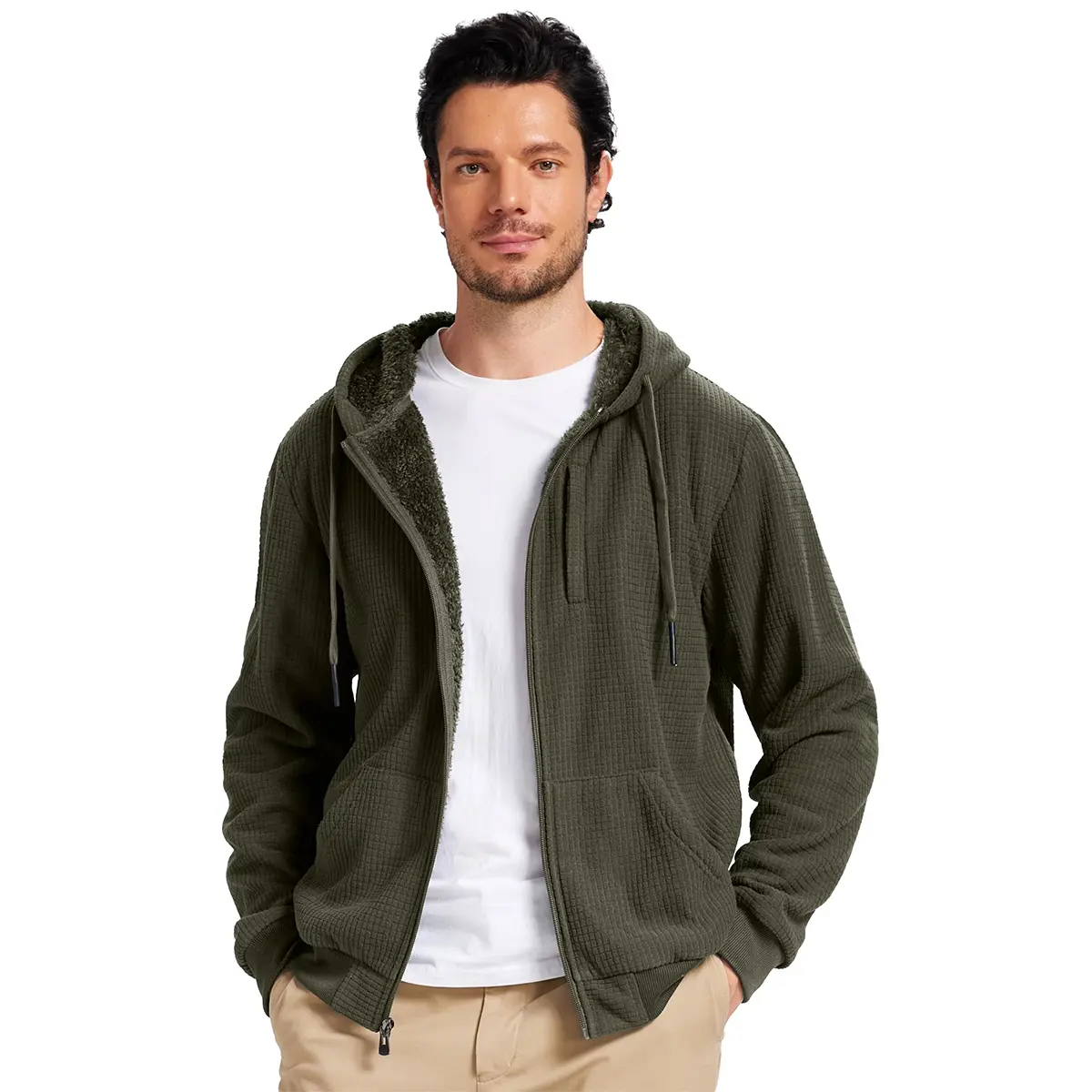 Hoodies for Men Heavyweight Fleece Sweatshirt Full Zip Up Sherpa Lined Green S