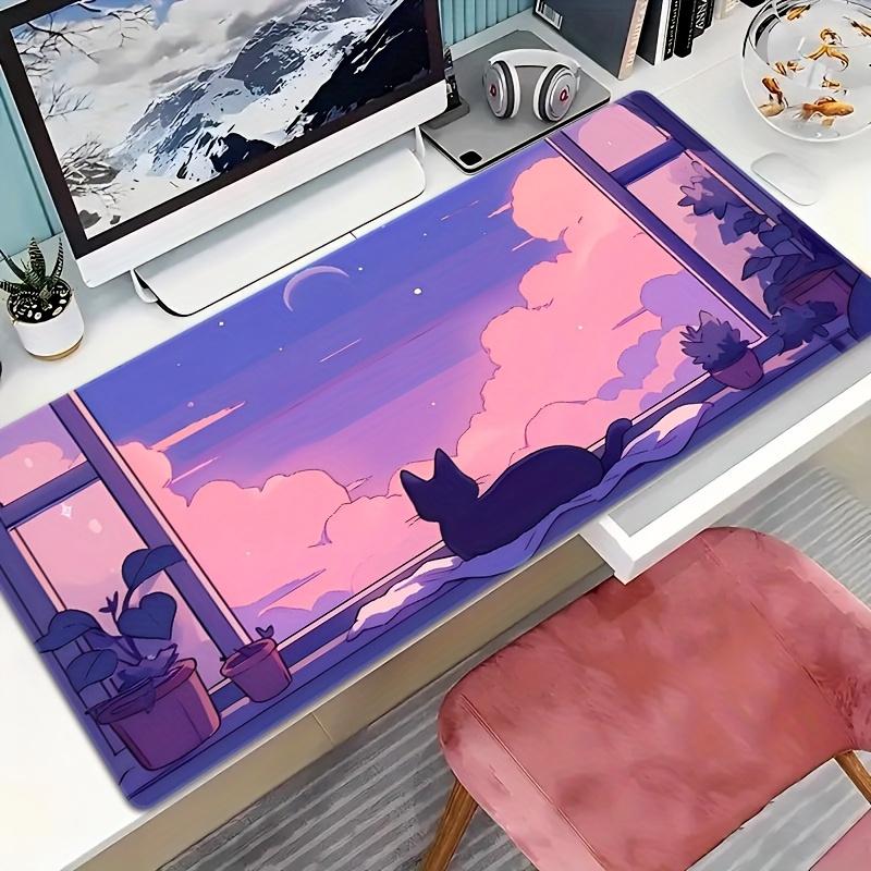 Purple Sky Window Cat, 1pc Extra Large Thick Non-Slip Gaming Mouse Pad, Suitable for PC, Office, and Home Use, Multiple Sizes Available, Enhanced Comfort, High-Density Rubber Base for Stability, Smooth Surface for Precise Tracking, Anime Scenery