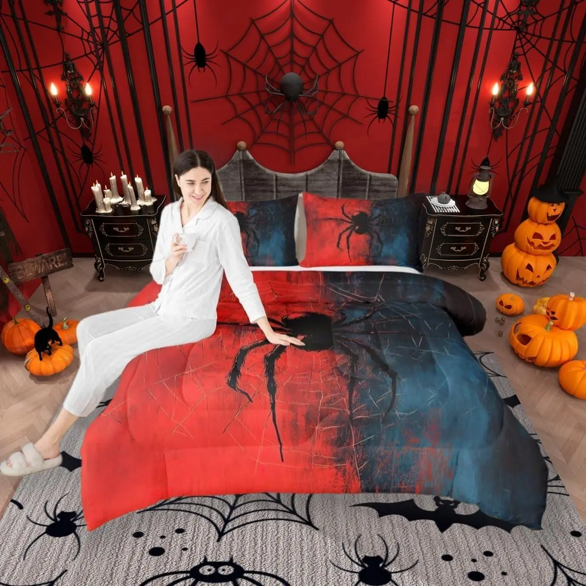 Black Spider Kids Comforter Setspider Web Arachnid Insect Animal Bedding Set,Boys Girls Women Men Room Decor,Halloween Gothic Trippy Down Comforter,Red Retro Duvet Insert