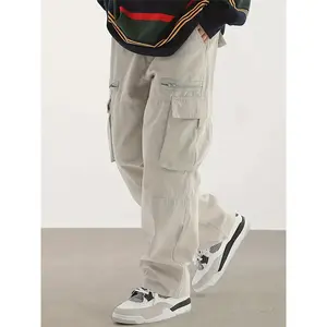 Men's Beige Multi-Pocket Cargo Pants, Oversized Streetwear Casual Loose Trousers