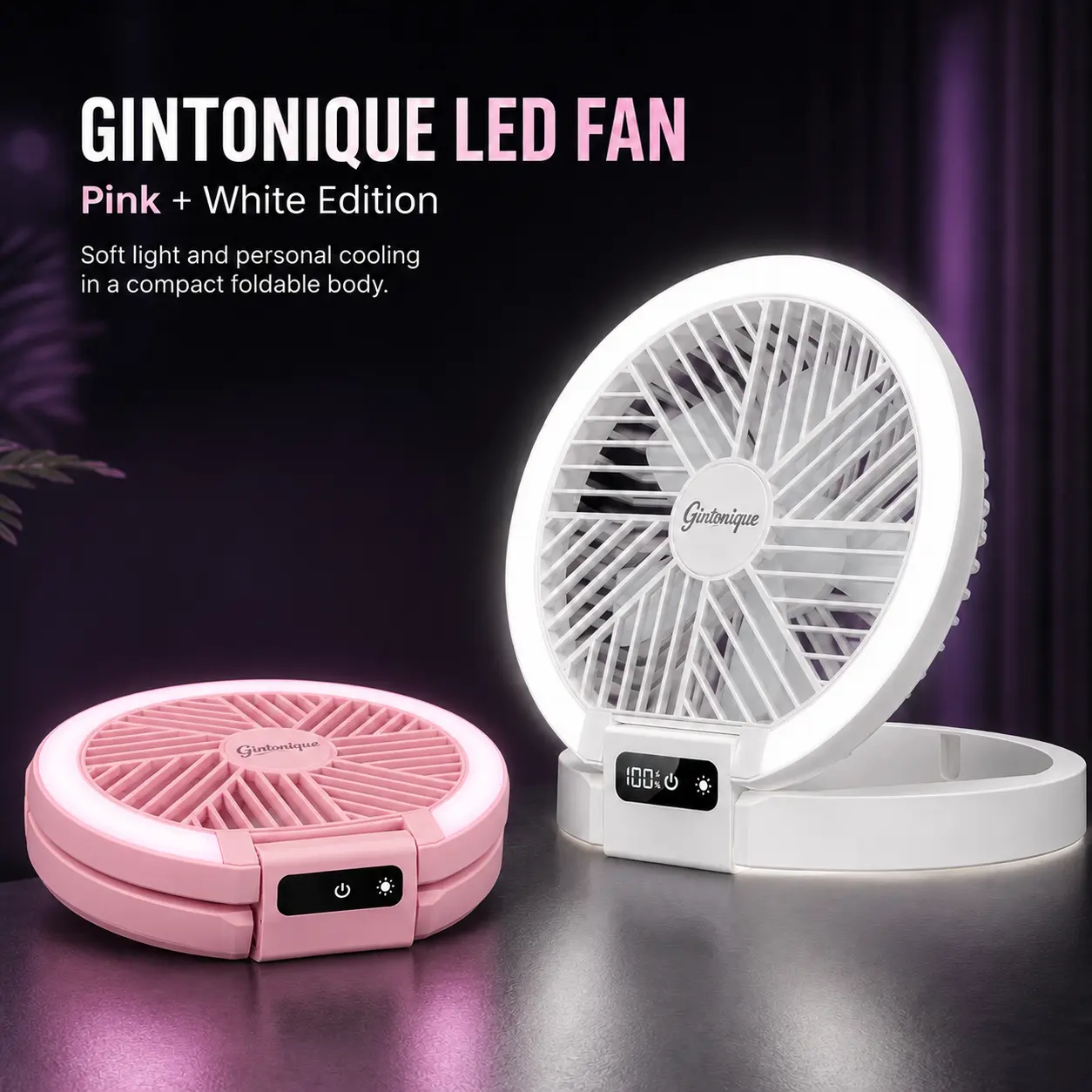 Portable Foldable LED Desk Fan - 5 Wind Speeds, Silent Rechargeable, Stepless Dimming Light, LED Power Display, Aromatherapy Diffuser, Mobile Wireless Compact USB Fan for Home, Travel, Camping, Office, Led Light