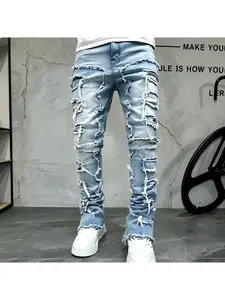 Men’s Stacked Distressed Flare Jeans  Light Wash Ultra-Frayed Streetwear Denim Light Wash Layered Fringe Stacked Jeans, High-Rise Grunge-Inspired Fit