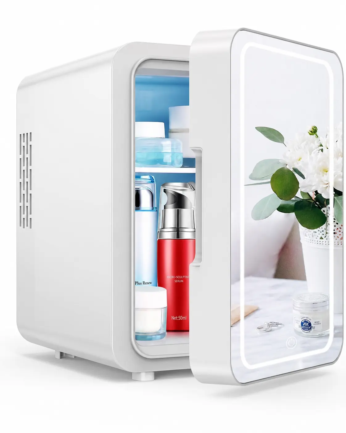 4L Mini Skincare Fridge with LED Makeup Mirror, Portable Cosmetic Cooler & Warmer for Beauty Products, Bedroom, Dorm & Travel – White