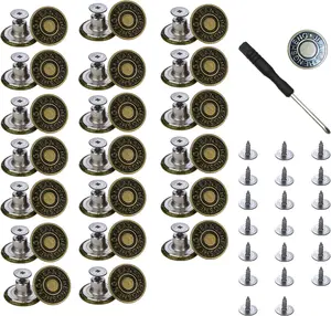 20 count Button for Sewing Metal Jeans, 17 mm No-Sew Nailess Removable Metal Jeans Buttons Replacement Repair Combo Thread Rivets and Screwdrivers.(Brozen with Letters 20 Sets)