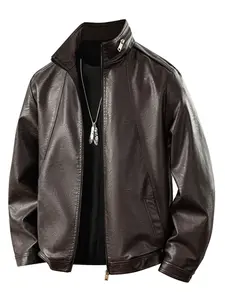 Men's PU Leather Jacket, Fall Winter Korean Style Stand Collar Motorcycle Coat, Trendy Workwear Jacket, Large Size