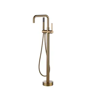 WOWOW Single-Handle Freestanding Tub Faucet Floor Mount Bathtub Filler with Hand Shower in. Brushed Gold