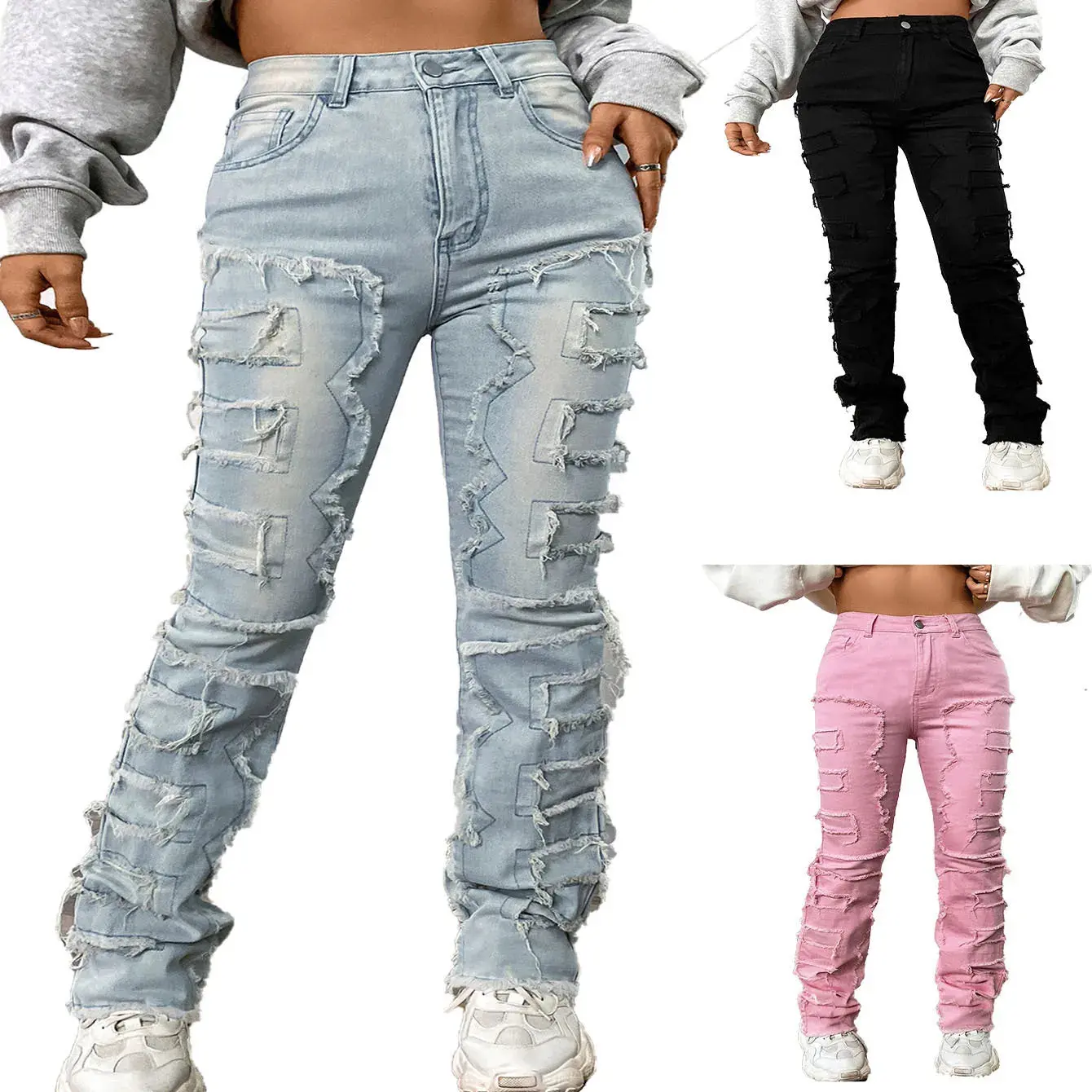 Women's Distressed Patched Jeans – High-Street Style Straight-Leg Denim