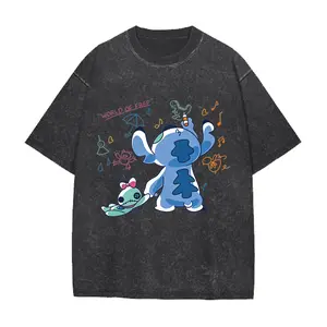 Mne's Women's Oversize Vintage Washed  Vintage T-Shirt Cute Stitch & Scrump Print 2026 Spring Summer Casual Tops Lilo & Stitch Outfits