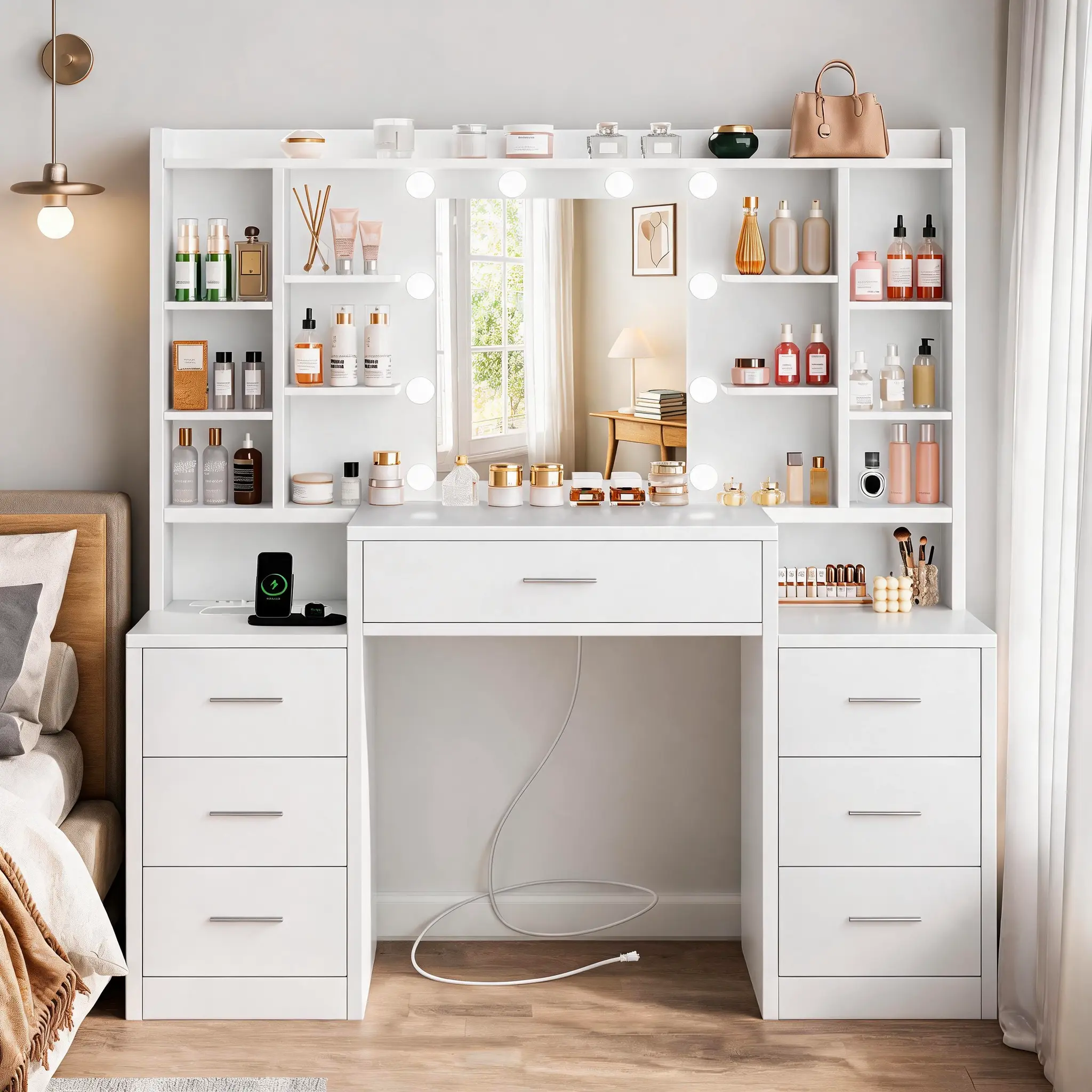Modern Rectangular Drawer Vanity Table - White Large Makeup Vanity Set with 7 Drawers, 6 Storage Shelves, LED Lights, Power Outlet, 3 Lighting Modes, LED Glow for Prep, Ideal for Bedroom