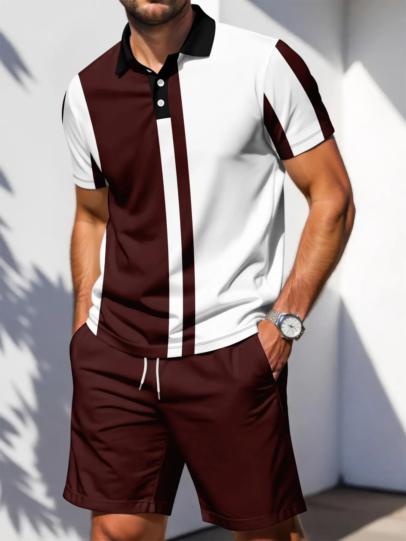 Men's 2 Piece Summer Outfits Burgundy White Vertical Stripe Color Block Short Sleeve Polo Shirts Drawstring Casual Solid Shorts Set
