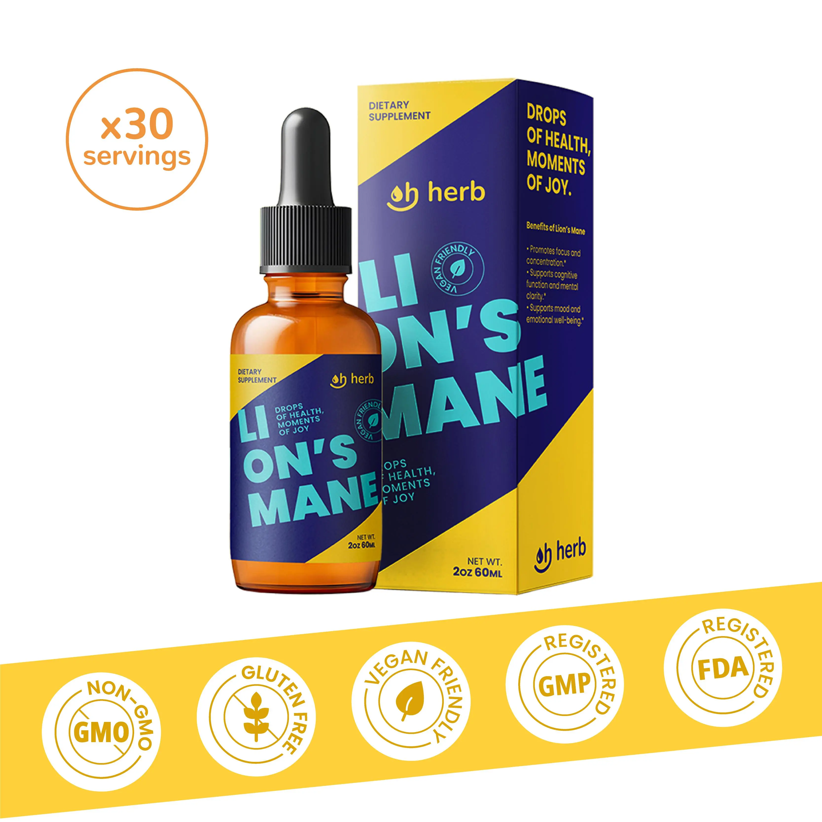 Oh Herb Certified Organic Lion's Mane Liquid Nootropic Herbal Energy Supplement - 3.5X Fast-Absorbed Lemon-Lime Flavor, Brain & Cognitive Support, Cortisol Regulation, Vegan, Gluten-Free, Non-GMO, FDA GMP Registered, 30 Servings
