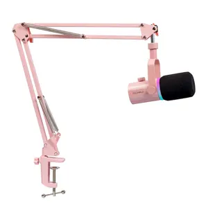 FEELWORLD PM1 XLR USB Dynamic Microphone with Boom Arm Stand for Podcast Recording PC Computer Gaming Live Streaming Vocal Voice-Over, Studio Metal Mic, RGB Light, Mute Button, Headphones Jack (Pink)