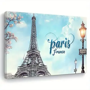 2D Flat Surface, 1 Piece Paris Eiffel Tower Canvas Wall Art - Wooden Frame Surrounding Painting, Decorative Style Horizontal Wall Decoration Suitable for Living Room, Bedroom, Kitchen, 11.8x 15.7inch , Perfect Gift for Travelers and French Enthusiasts, Ar