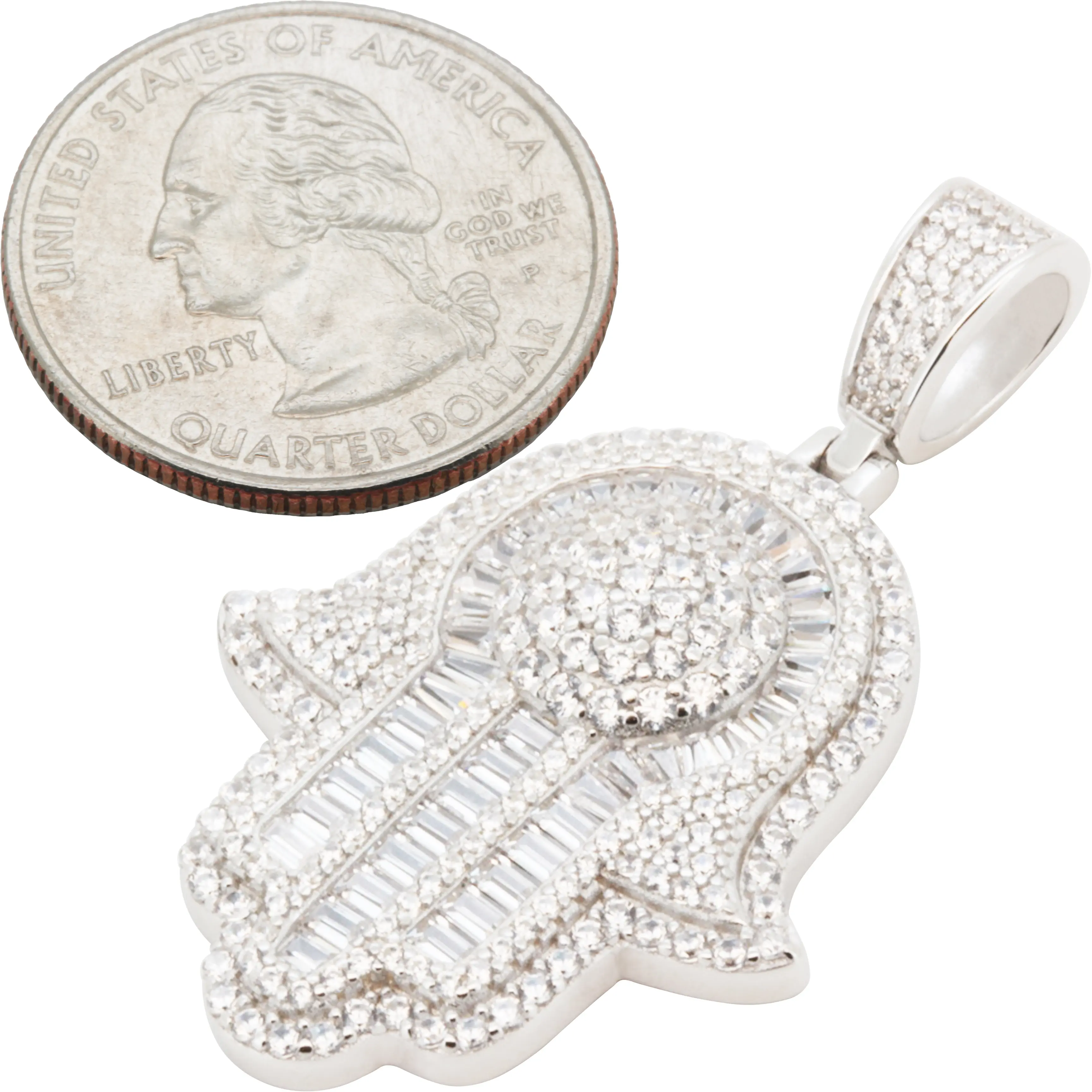 925 Sterling Silver AAA Cubic Zirconia Hamsa Hand Pendant