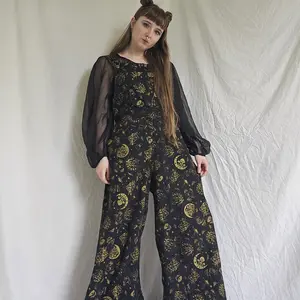 Boho Wide Leg Jumpsuit, Cotton Flowy Dungarees, Bohemian Overalls, Mushroom/Celestial, Hippie Bell Bottom Summer Rompers, Retro Free Spirit, Hippie Flare Pant Suit, Whimsical Fashion, 90s Style, Bib Jumpsuit, Sustainable Fashion