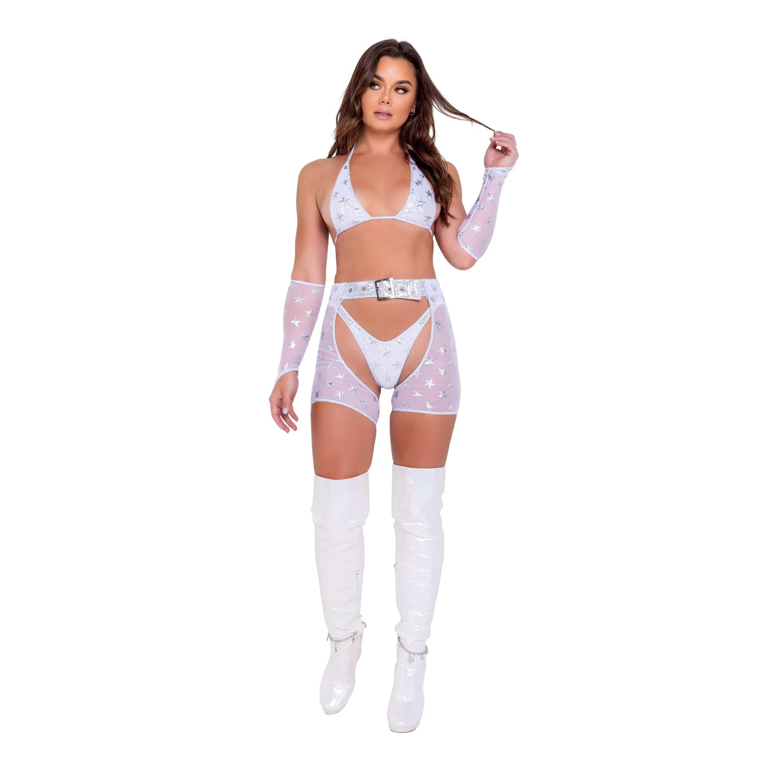 6083 - Mesh with Stars Print Chaps with Belt
