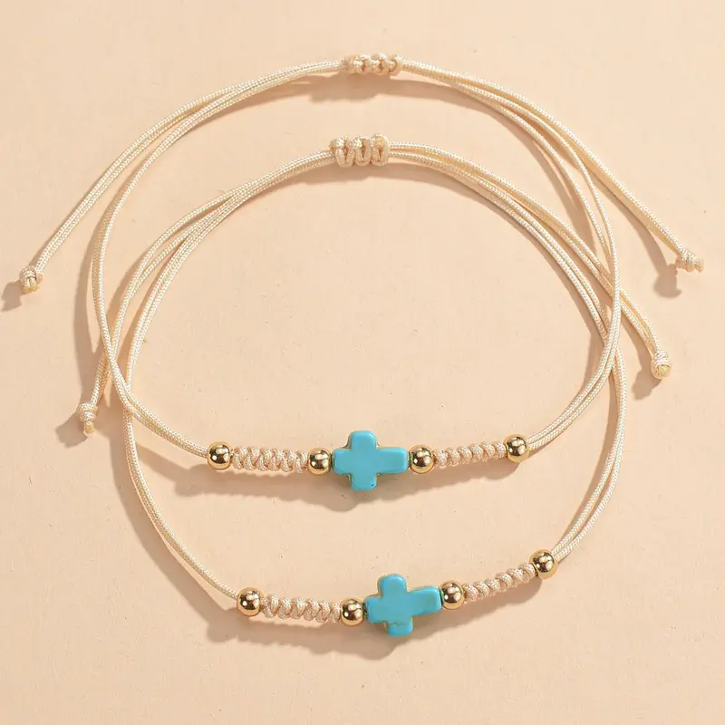 2pcs Boho Style Turquoise Crown Charm Decor Beaded Exquisite High Quality Bracelet, Fashionable Adjustable Strap Jewelry for Women, Premium Bracelet