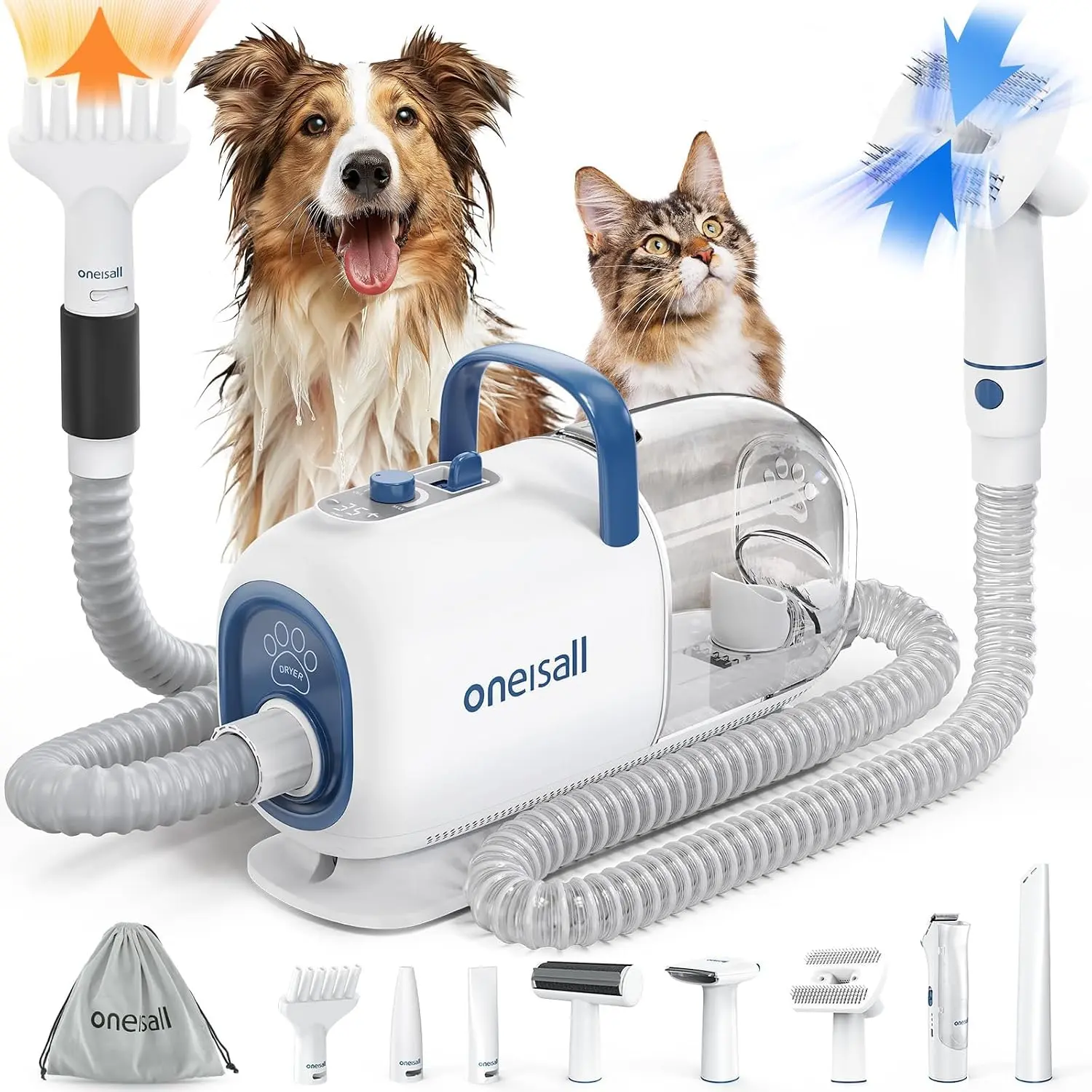 oneisall 8-in-1 Dog Grooming Vacuum & Dryer Kit - Metal Blade Electric Clippers, Vacuum & Blower Functions, 7-Temp & 3 Air Level Adjustments, for Shedding/Drying/Trimming, with Storage Bag