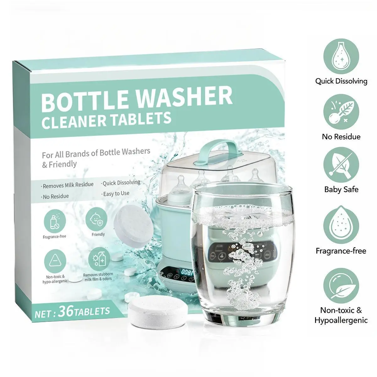 Effervescent Baby Bottle Washing Tablets - Deep Cleaner and Descaler that Dissolves Milk Residue and Odors, for Use in Sterilizers and Washers, Dissolves Residue, Tablets Form, Bottle Washer Cleaner Tablets