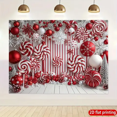 Durable Polyester 2D Flat Banner - 1pc Christmas Wall Decoration with Candy Cane, Bell Ball, Red-White Snowflake Vibrant Print, Ideal for Holiday Party & Home Decor