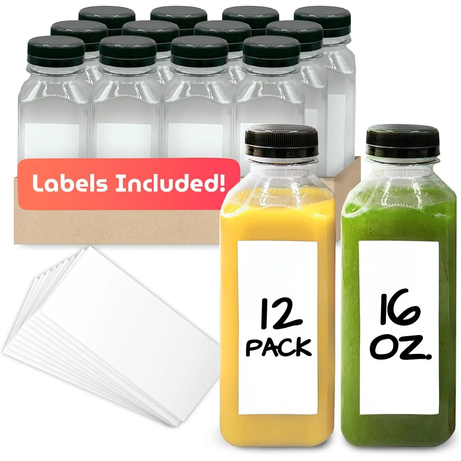 Plastic Juice Bottles [12 Pack] [16 oz] Square 16 oz Plastic Bottles with Caps & Sticker Labels | Clear, Empty for Drinks 16oz | Disposable,  Containers for Juicing, Smoothies