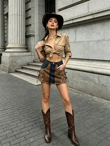 Western Style Rhinestone Patchwork Denim Mini Skirt for Women Vintage Washed Bow Tie A-Line Skirt Y2K Streetwear Casual Daily Dating Summer Outfit