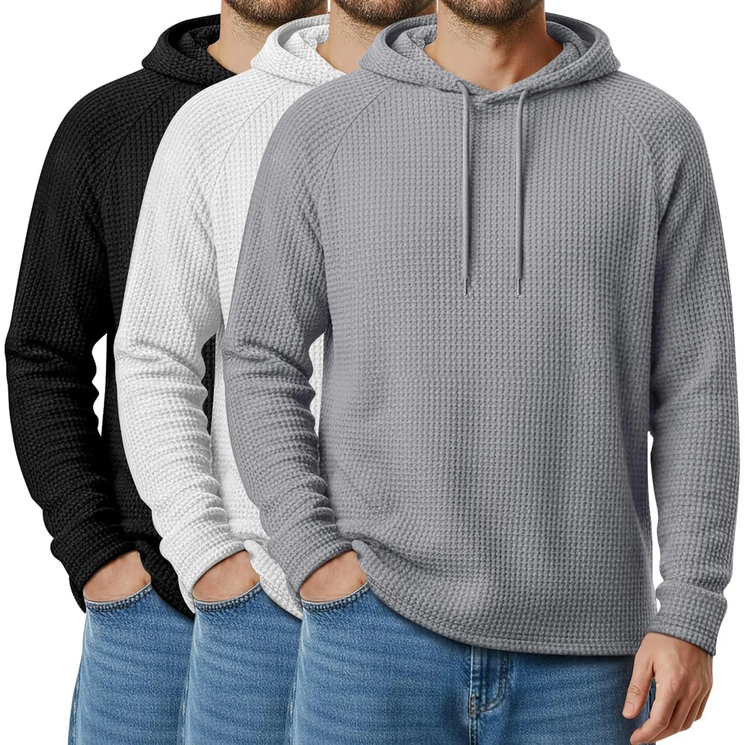 August Alley 3 Pack Men's Big and Tall Hoodies Sweatshirts Waffle Knit Long Raglan Sleeve Casual Pullover Drawstring Shirts