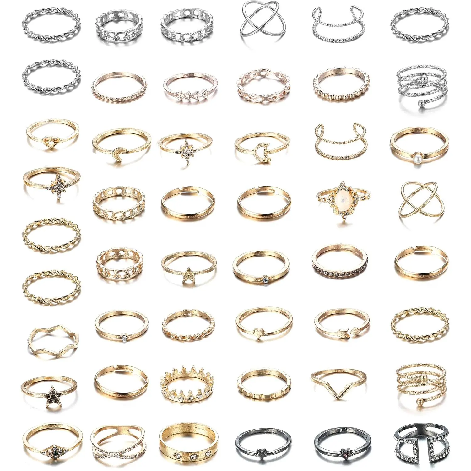 Sanfenly 48PCS Women's Stackable Knuckle Ring Set, Vintage Hollow-Carved Boho Midi & Thumb Rings, Gold & Silver Daily Costume Jewelry Accessories, Non Tarnish Jewelry, Dainty Rings