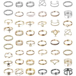 Sanfenly 48PCS Knuckle Ring Set Stackable Midi Rings Vintage Hollow Carved Boho Gold Silver Thumb Knuckle Rings for Women