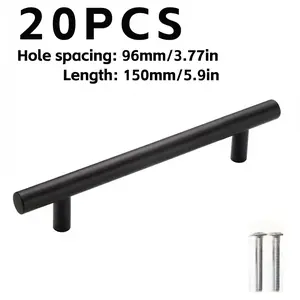 20-Pack Polished Matte Black Stainless Steel Cabinet Handles - 15cm Drawer Pulls, 9.6cm Center-to-Center Hole Spacing, Incluing Hardware, Perfect for Kitchen and Home Drawers