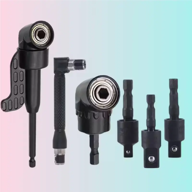 6-Piece Right Angle Drill Bit Set, Includes 3 Rotating Sockets (1/4", 3/8", 1/2"), 2 Hex Shank Adapters, 90-Degree Beveling Tool, Tool Kit