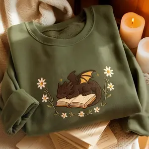 Dragon Book Embroidered Sweatshirt, Fantasy Book Reader Sweatshirt, Cottagecore Sweater, Book Addicted Shirt, Dragon Shirt, Bookworm Shirt