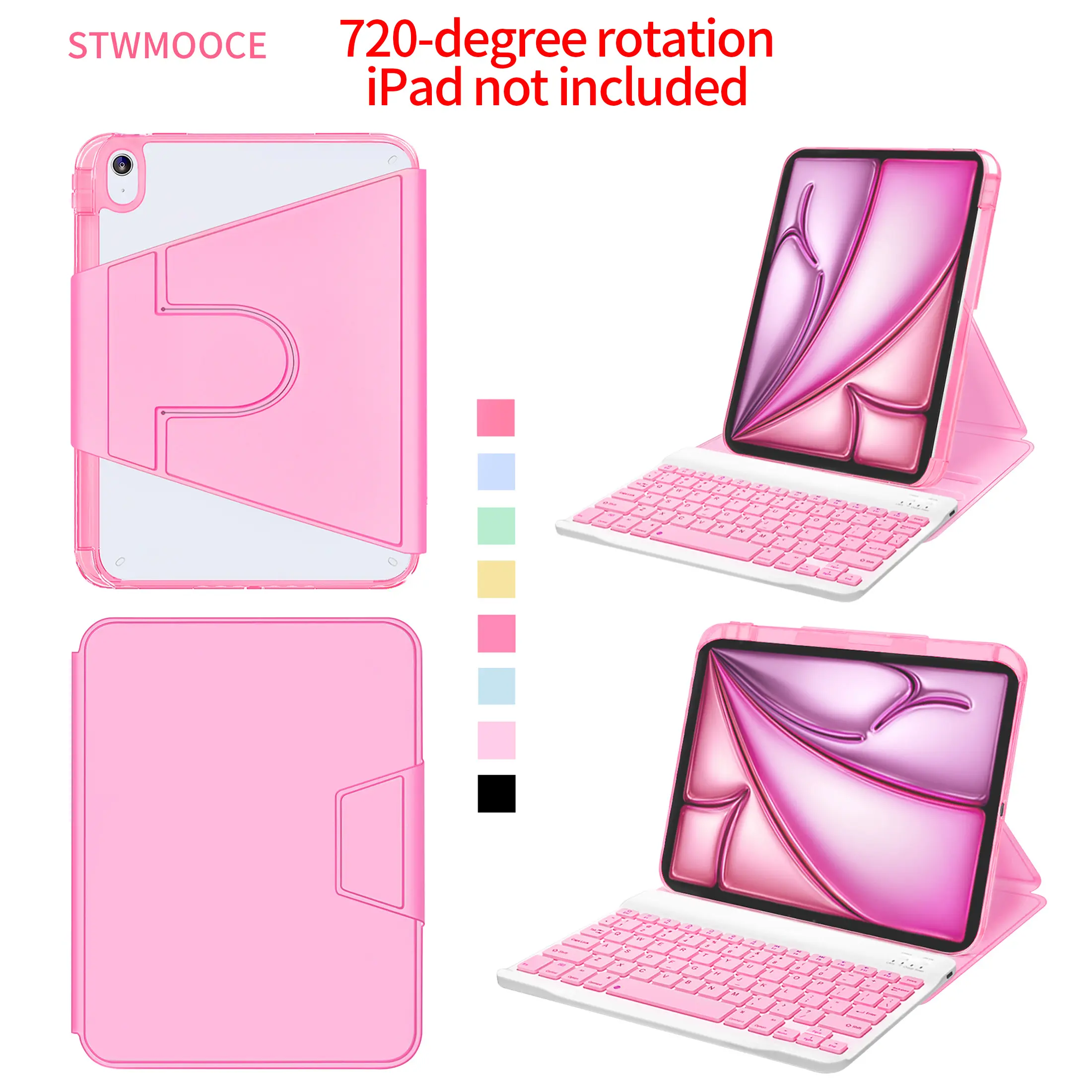 STWMOOCE 720 Rotation Case for iPad Tablet Bluetooth Wireless Magnetic Keyboard Cover Compatible with 10.2-inch iPad7th/8th/9th gens,10.9-inch iPad 10th,iPad A16,11,13-inch iPad Air4/5th/(M2/M3/M4),12.9,13inch iPad Pro 2nd/3rd/4th/5th/6th/M4/M5 Gens pink