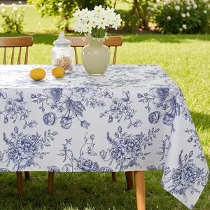 Spring Summer Blue and White Floral Tablecloth Rectangle 52x70 Inch Waterproof Wrinkle Free Rustic Vintage Table Cloth, Fabric French County Table Cover for Dining,Party,Picnic,Dinner,Outdoor Decor
