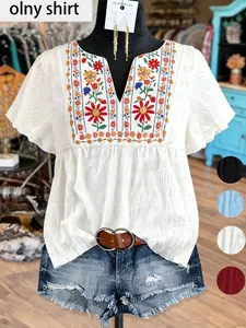 Women's Bohemian Ethnic Blouse Shirt, Mexican Folklore & Vacation Casual Style, Lightweight Breathable Fabric, Summer Wear