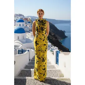 TERANI 261E6277 Dress High Neck Print Mikado Column Gown