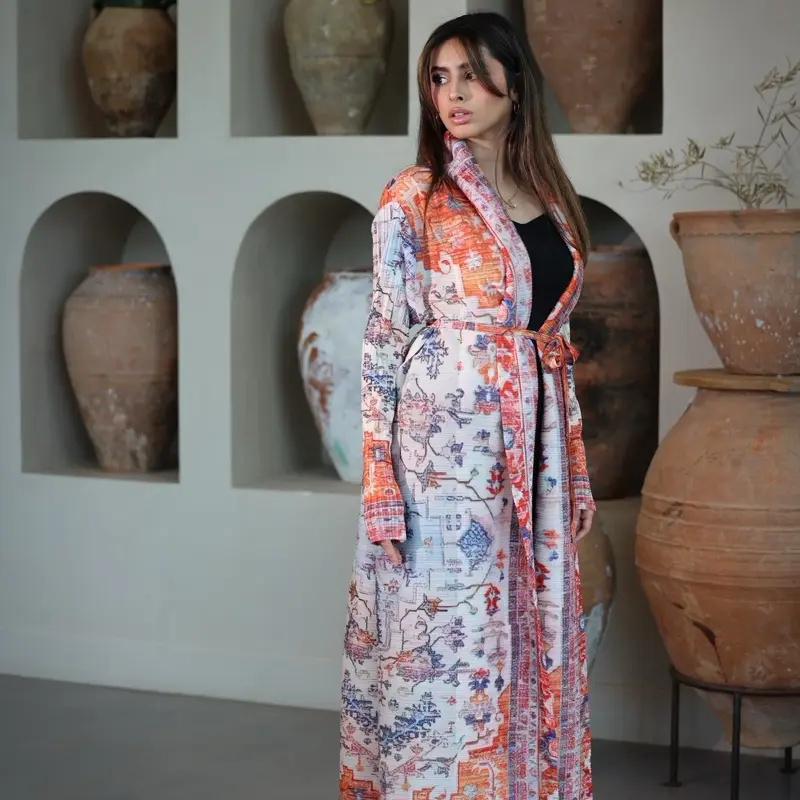 Desert Sunset Abaya Jalabiya Islamic Halal Long Sleeve Maxi Dress with Floral Pattern and Belted Waist