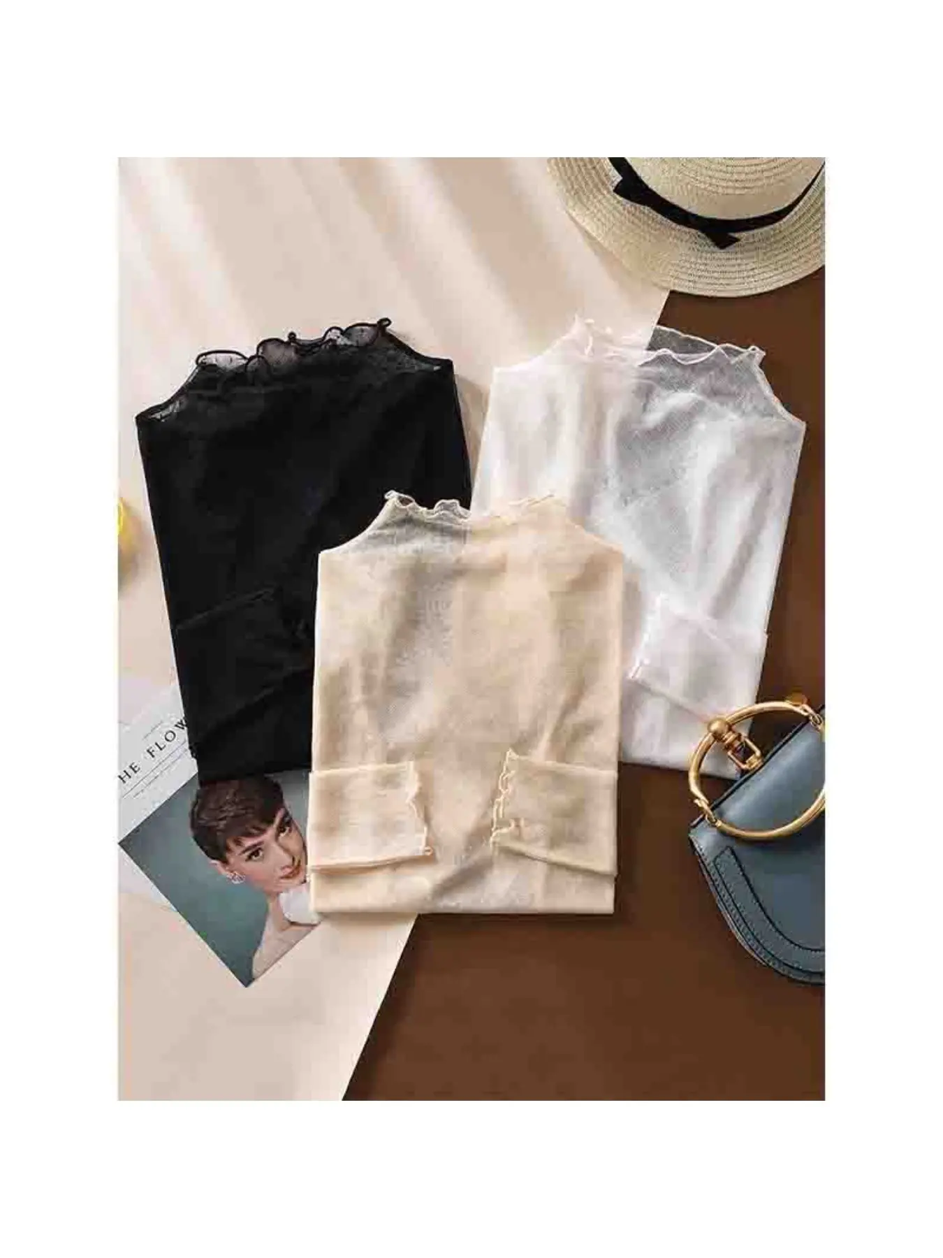 3PCS  beige Black White Women Half High Collar Mesh Bottomed Blouse Shirt Lace Ear Edge Hollow Long Sleeve Lace Top