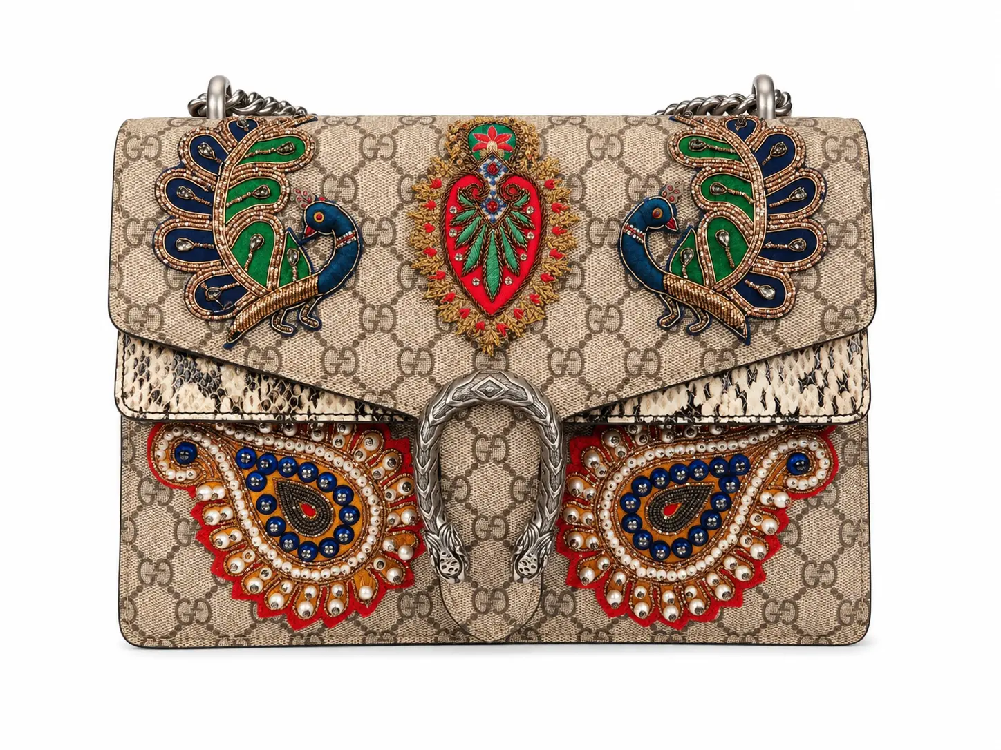 Pre-owned GUCCI Second Hand GG Monogram Peacock Embroidered Beaded Shoulder Bag