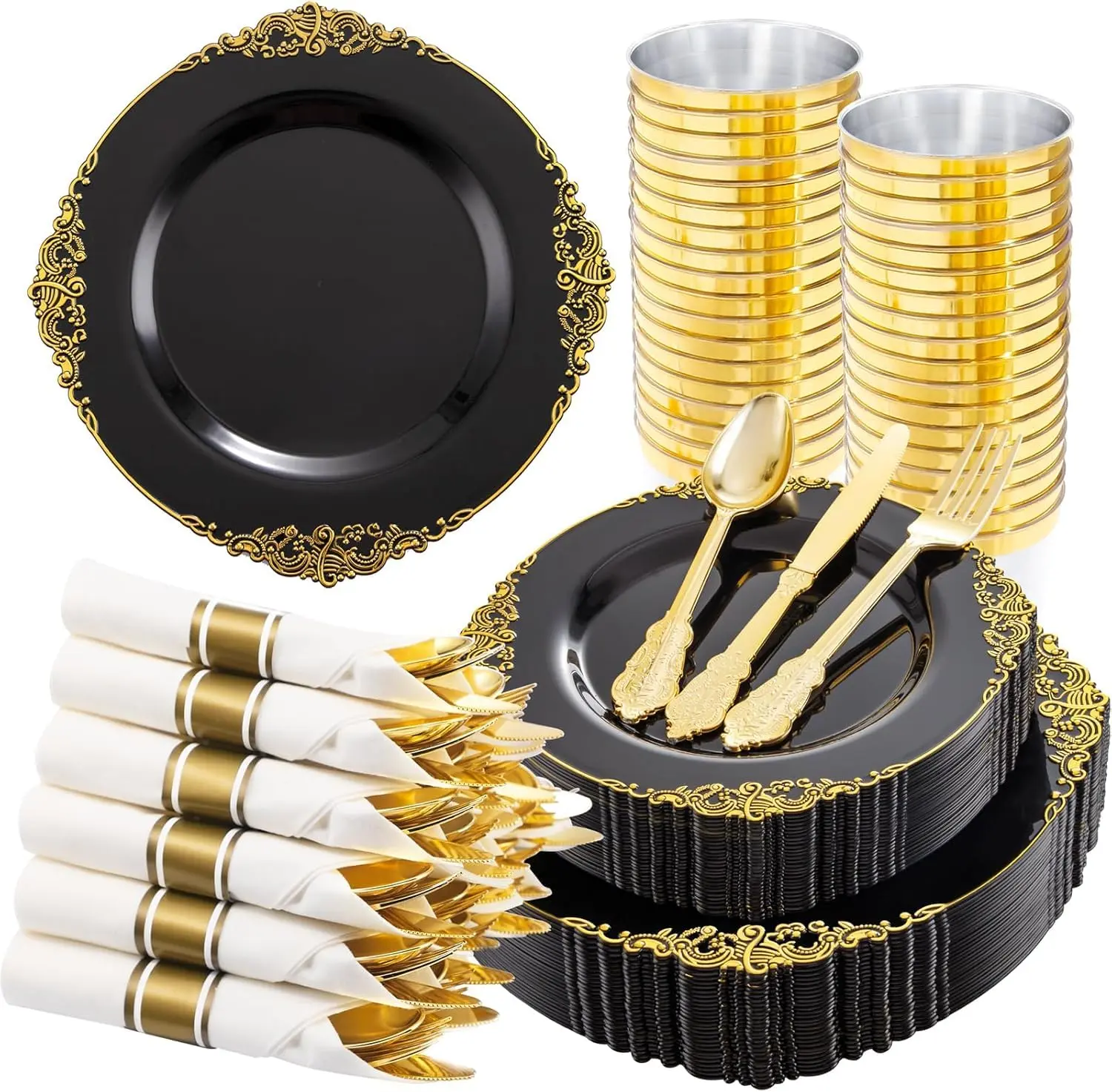210 Pcs Black Gold Plates Set for 30 Guests, Includes 60 Heavy-duty Plates, 30 Pre Rolled Silverware, 30 Cups For Party