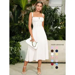 Women's Plain Ruched Boning Corset Milkmaid Dress, Lace Up Dress, Party Dress, Split Thigh Dress, Tie Front Dress, Elegant Square Neck Midi Dress, Dresses for Women, Frenchy Style Non Bodycon Dress Christmas, Formal Dresses