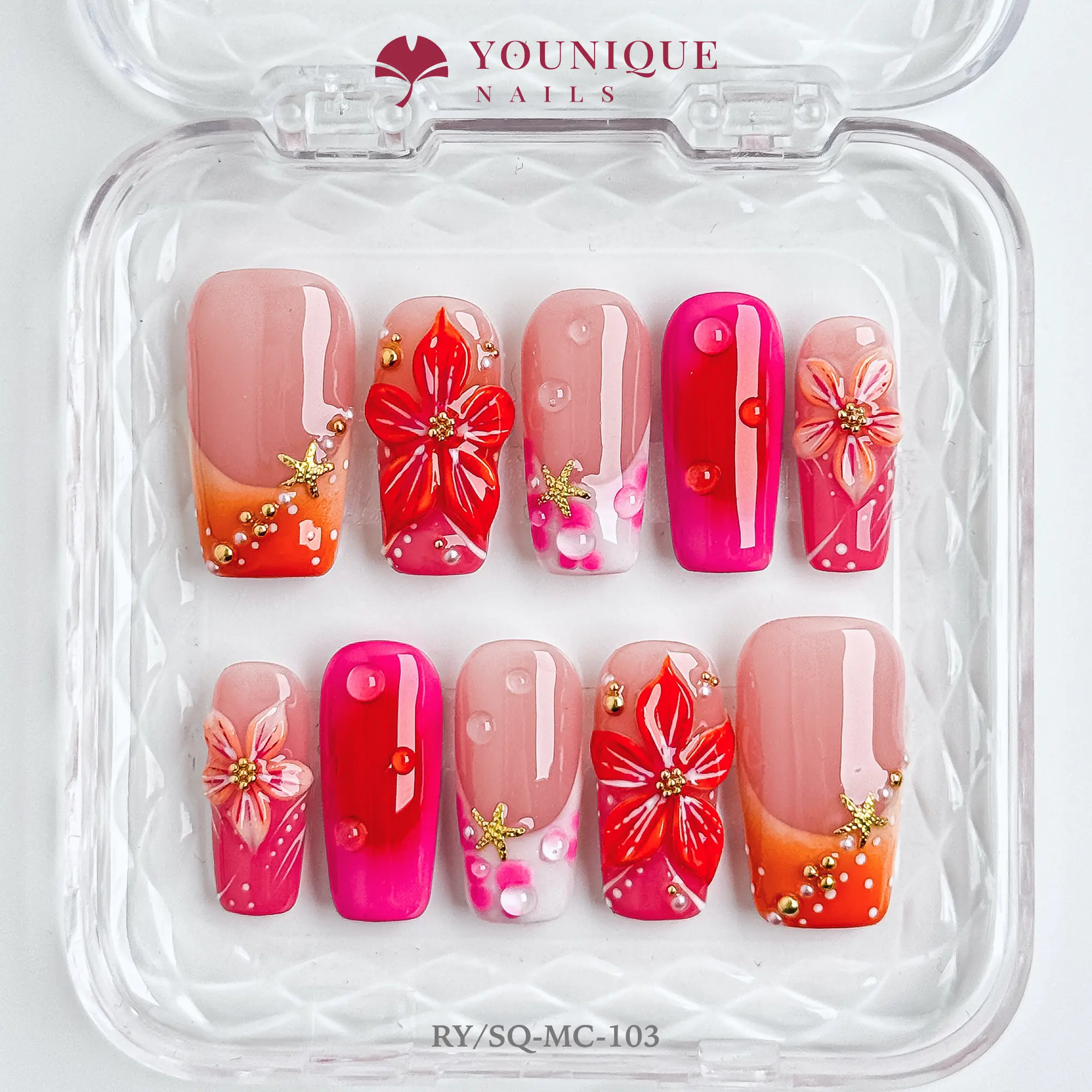 Younique Handmade Wearable Press-On Nails Acrylic Kit - Multicolor French Tip Square, 3D Flowers, Rhinestones, Glitter, Soft Gel, Customized, Long-Wear, Reusable Glossy Luxury Fake Nails