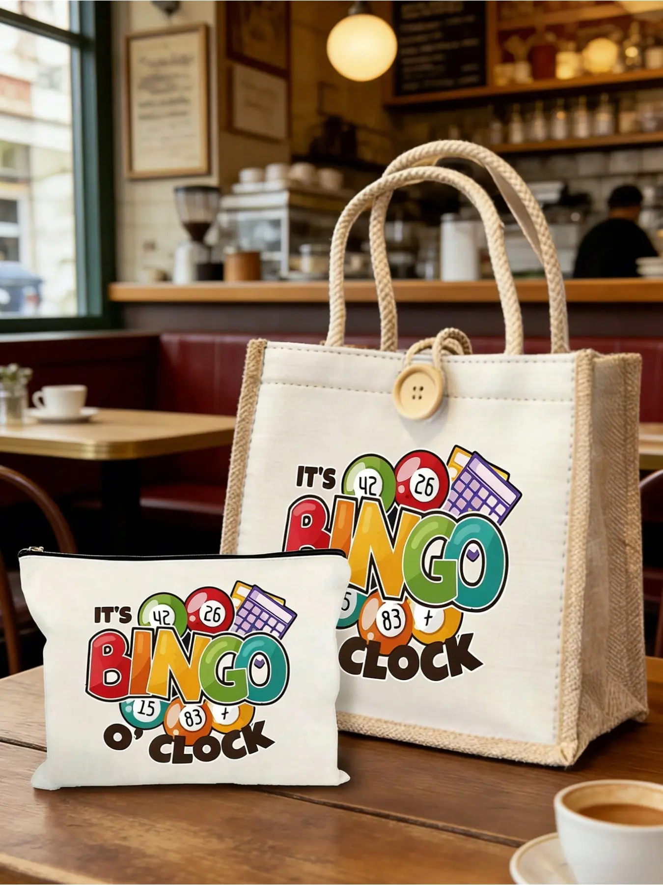 2-piece set of casual handbag sets with the words "It's Bingo O'clock" printed on them, including a ladies' handbag and wallet set, a handbag and coin purse, a large-capacity ladies' bag, a lightweight and large-capacity handbag