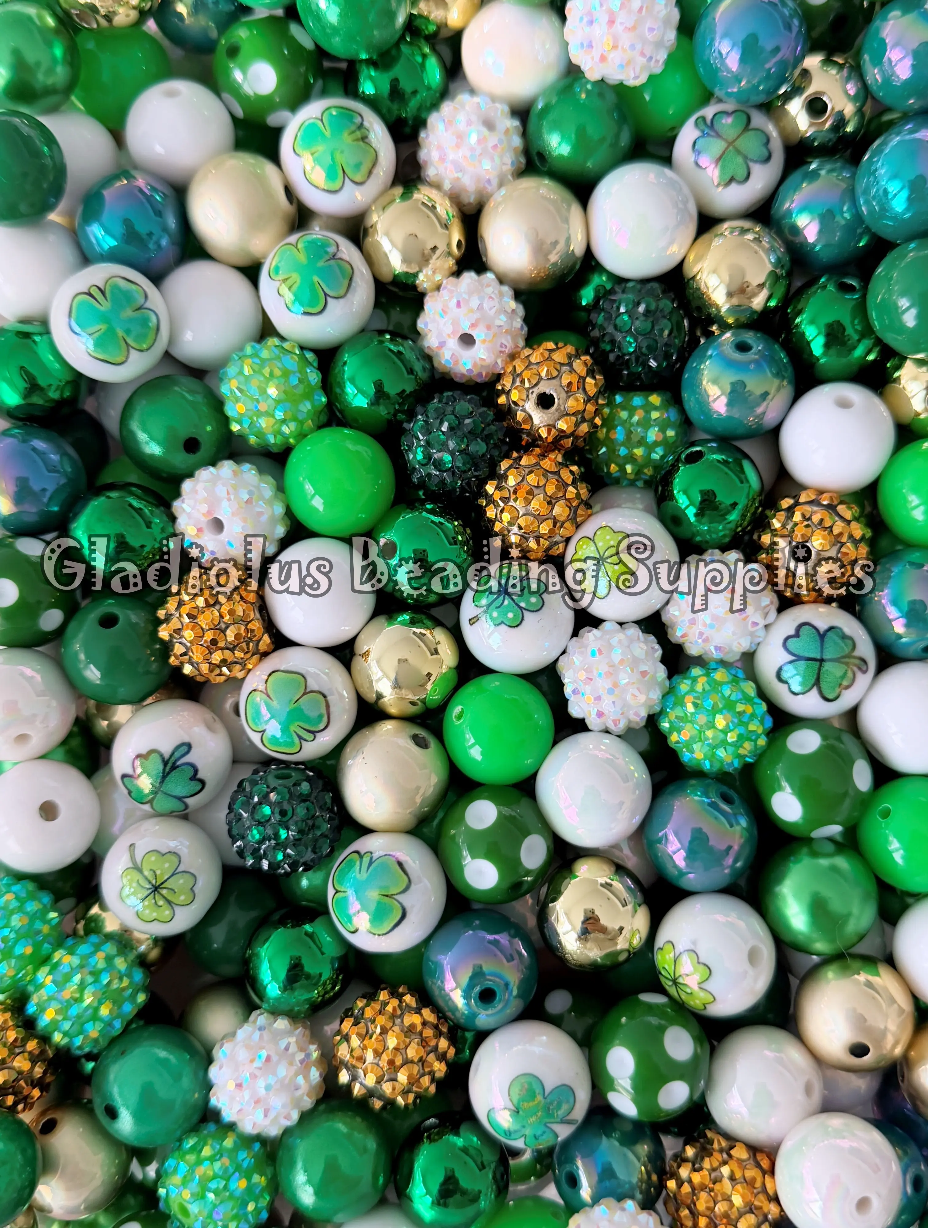 16mm Patrick Mixed Beads, Saint Patrick Season, Clover Beads, Shamrock Season, Clover, Randomly Assorted Beads, Mixed Colors, Acrylic, Loose, Chunky, Round, Gumball, Crafting Supplies