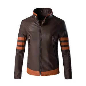 Men's Leather Jacket Brown Genuine Sheepskin Leather Jacket, Tan Strips, Zip-Up, Slim Fit, Racer Casual Style by Hide Crafts