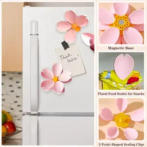 Magnetic Chip Clip Set (Clips + Magnetic Base), Cute Food Sealing Clips, Floral Food Sealer, Sakura Pattern Cherry Blossom Snack Bread Pet Food Storage, Kitchen Organizer Gift