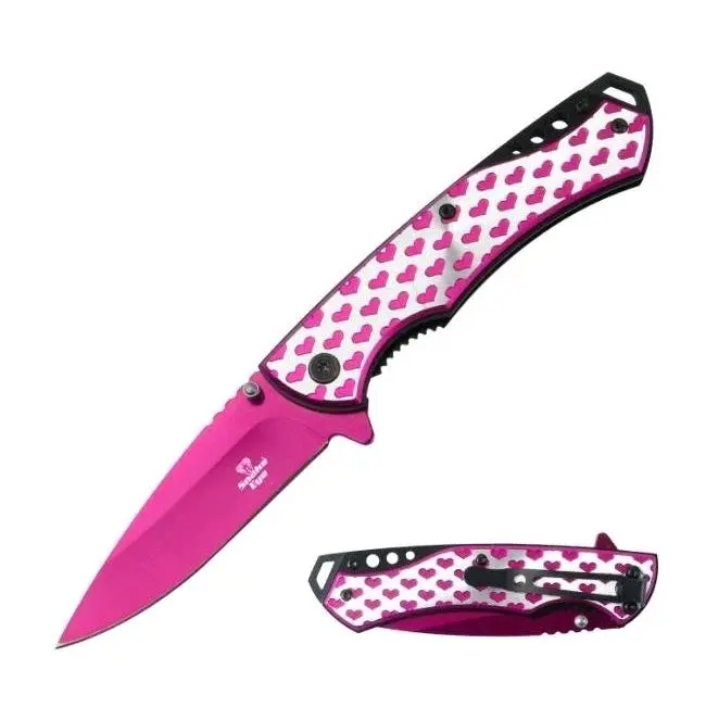 Beautiful Pink Hearts Spring Assisted Folding Knife 3.5 Inch Blade Pocket Clip