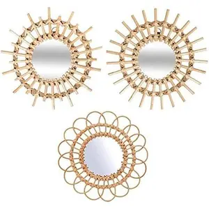 OYPEIP 3 Pack Rattan Boho Innovative Art Decoration Round Makeup Mirror Dressing Bedroom Bathroom Wall Hanging Mirrors Craft Photo Props-2026
